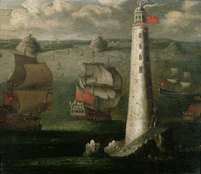 Oorlogsschepen en andere Vaartuigen voor de Eddystone Vuurtoren door Isaac Sailmaker